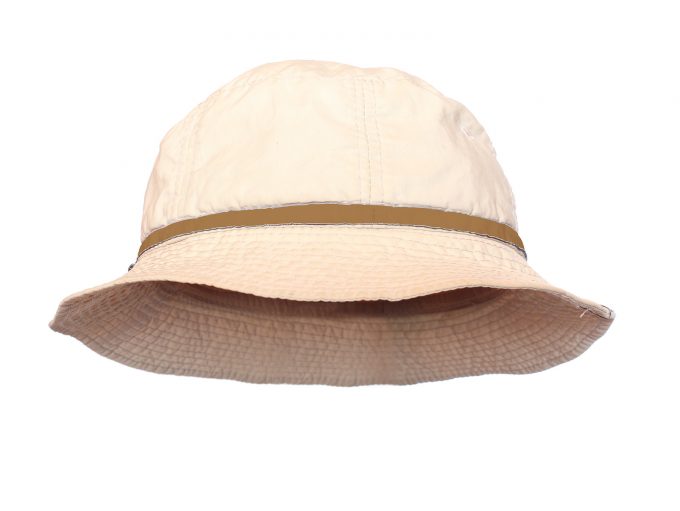 Bucket hat for outdoor activities. Hat in position for easy face insert.