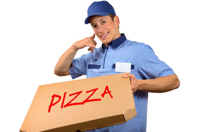Pizza delivery man making a phone gesture
