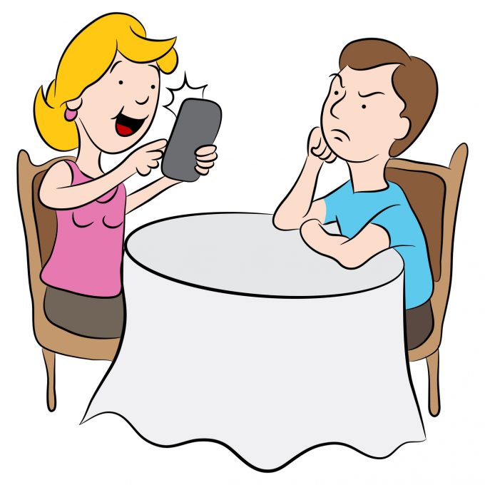 An cartoon image of a girl who is being rude to her date by being obsessed with taking selfies.