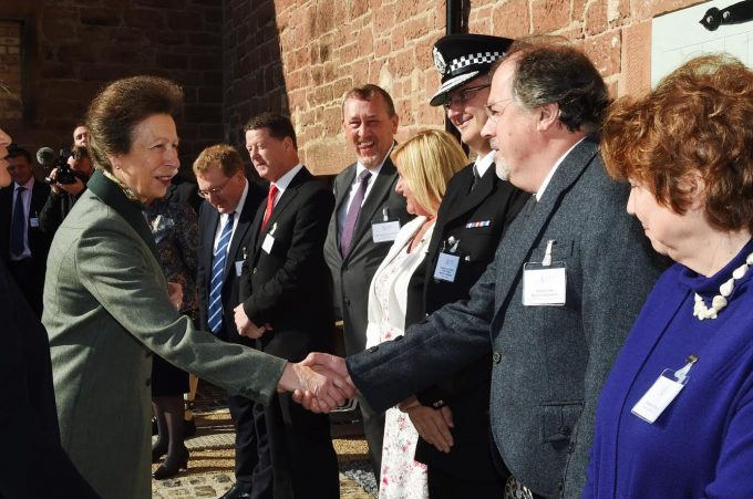 RECEPTION . . . HRH The Princess Royal shakes Professor David Thomson's hand as he lines up with local VIPs