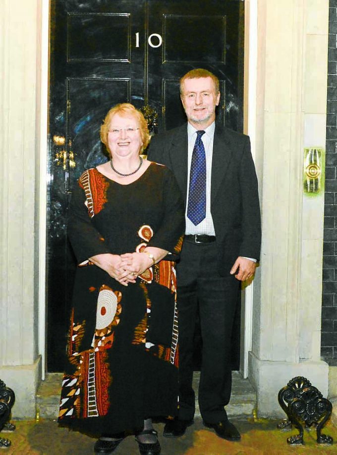 SPECIAL GUESTS . . . Ann and David Hill outside Number 10