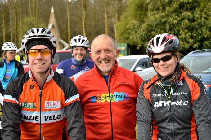 Dave Moss from Dumfries (centre), one of the organisers, and is shown with a group at the start-line