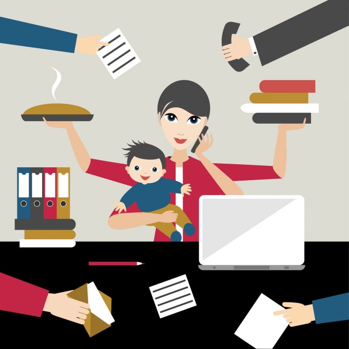 Working mother with child in business offiice. Multitasking person. Flat vector.